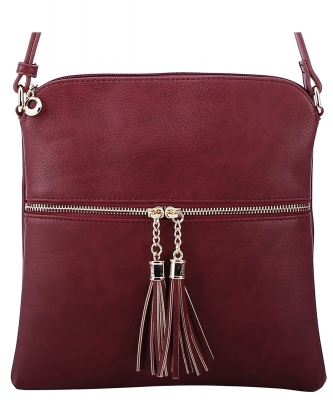 Fashion Puzzle Tassel Zip Pocket Crossbody Bag LP062 BURGUNDY